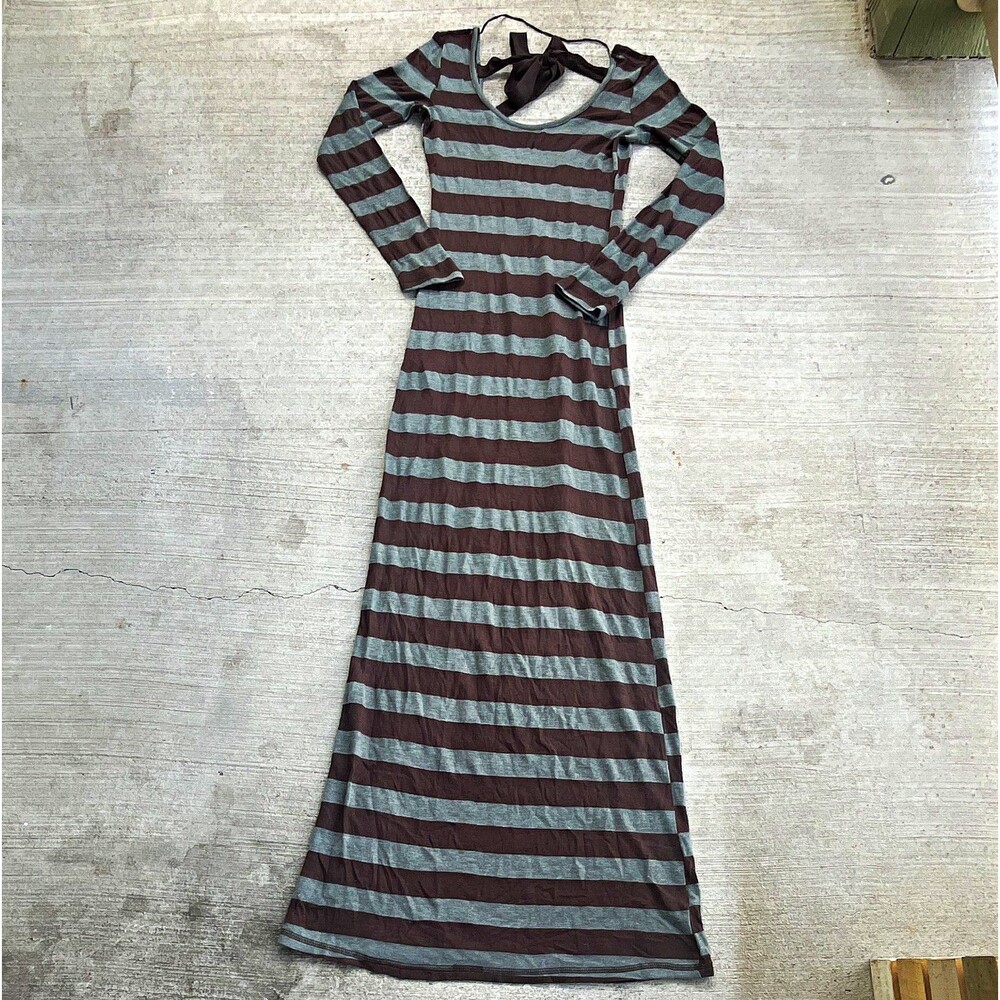 Jealous Tomato Maxi Dress Womens S Brown Gray Striped Long Sleeve Open Back